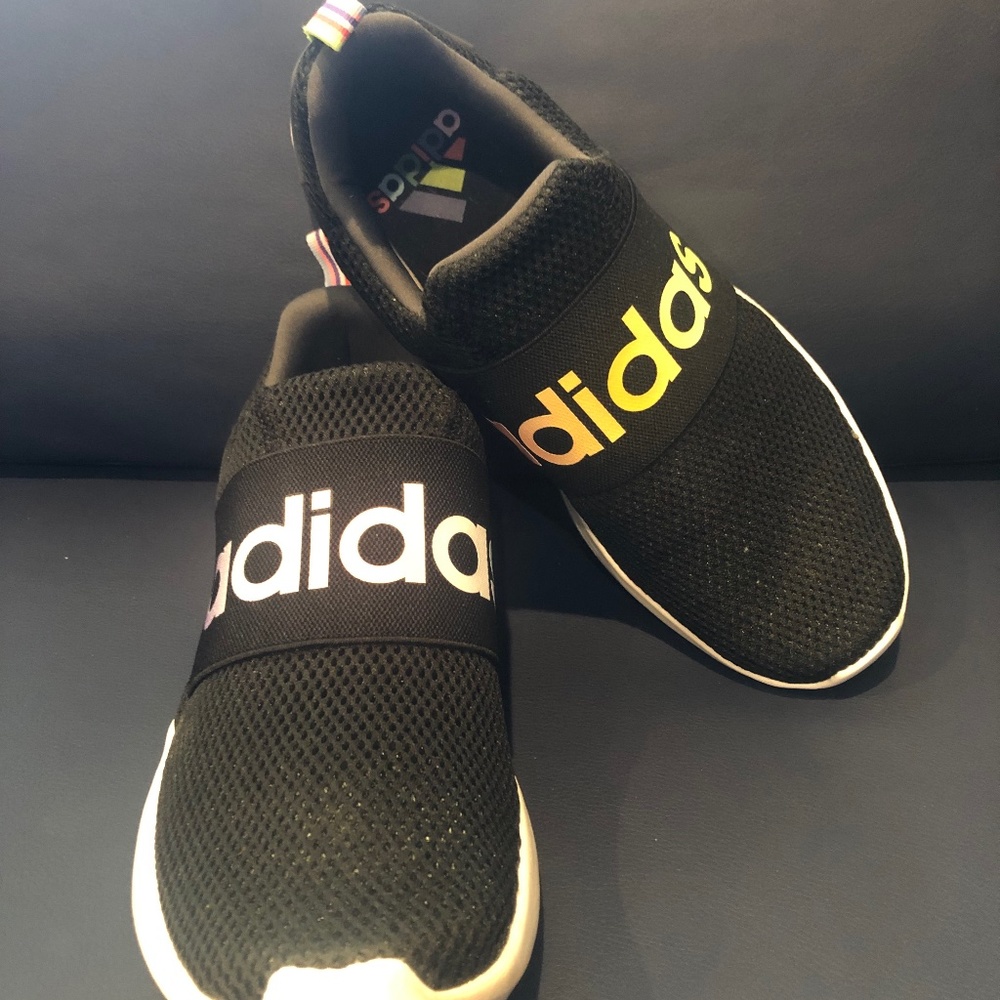 Adidas “love unites” black and rainbow lite racer, worn once, mens 9.5, rare!!